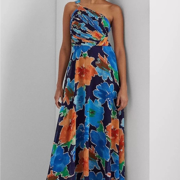 Ralph Lauren One Shoulder Floral Dress - Blue, Orange, Green - Picture 1 of 6